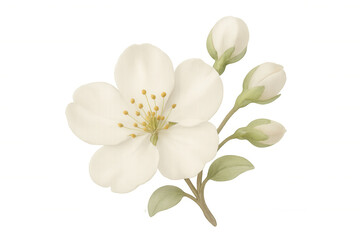 Obraz premium White jasmine flower and buds watercolor illustration blooming on stem, depicting spring and aromatherapy, transparent background