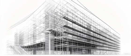 Wireframe architectural sketch in black and white of a tall modern high-rise under construction