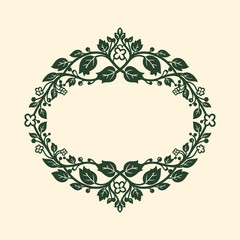 An elegant oval frame adorned with intricate dark green floral and leaf motifs on a light cream background.