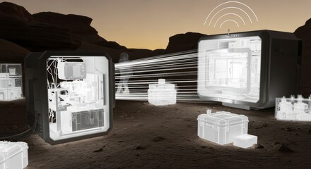 Futuristic Technology Outpost with Glowing Data Transfer in Arid Landscape