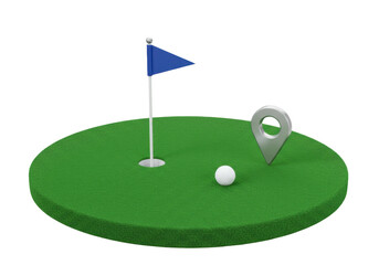 Isolated golf course miniature, golf ball on green, location pointer, blue flag and golf hole