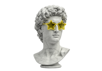 Isolated bust with star-shaped sunglasses evokes playful antiquity and modern art fusion