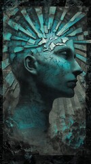 Teal Blue Digital Head Profile with Sunburst Rays