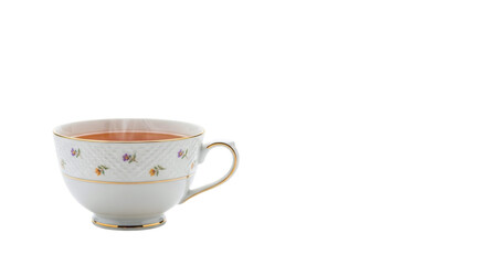 Elegant cup of tea isolated on transparent background, showcasing a delicate floral pattern and golden rim, perfect for a cozy and relaxing afternoon treat
