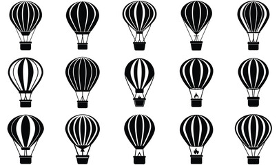 Fototapeta premium Set of fifteen black and white illustrations of hot air balloons with striped patterns and baskets on a white background