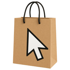 Brown shopping bag with cursor icon for online shopping and digital commerce themes
