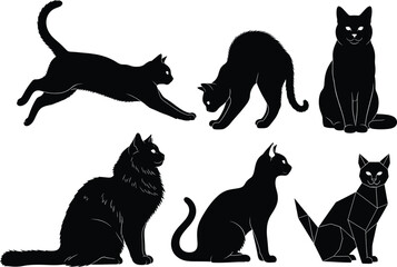 Cat silhouette illustration set, black feline poses, sitting, leaping, crouching styles, vector clipart, pet icons, artistic design, white background