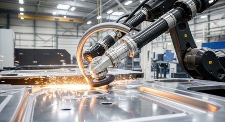 Industrial Robot Arm Polishing Shiny Metal with Sparks in Factory
