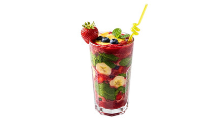 Refreshing fruit cocktail isolated on transparent background, bursting with fresh strawberries, bananas, blueberries, and mint, a vibrant and healthy summer drink
