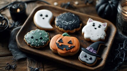 Iced halloween themed sugar cookies featuring ghost, pumpkin, witch hat, and cat shapes