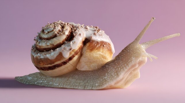 A whimsical image of a snail with a cinnamon roll shell, combining a playful food element with the organic form of a snail against a pastel background.