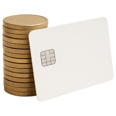 Stacked Coins Next to a Blank Credit Card on a Transparent Background