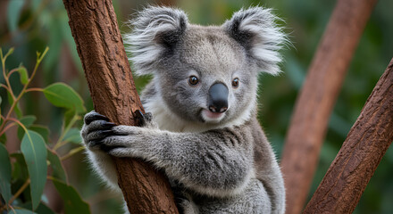 Obraz premium Ultra-realistic photo of a baby koala hugging a eucalyptus branch, soft natural light