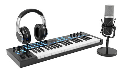 Headphones, keyboard, and microphone equipment