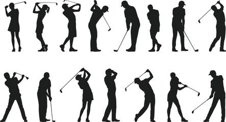 Obraz premium Golf player silhouettes in action, men and women golfers swinging, putting, standing, vector illustration for sports design, clipart, graphics.