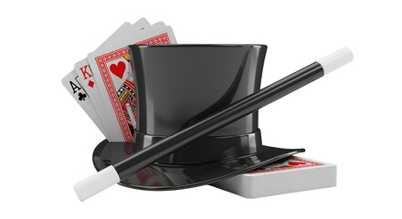 Magician's hat with cards and wand
