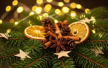 Festive Christmas tree branch adorned with golden baubles, twinkling lights, and red ribbons, magical joyful holiday atmosphere for Christmas Day