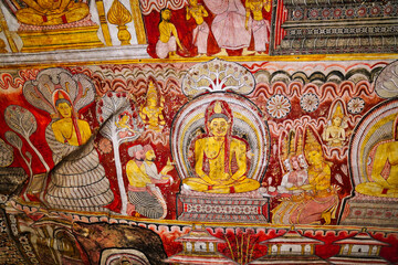 Mural of Buddha under Sacred Fig tree with devotees and celestial beings in the Cave of Kings, Dambulla Cave temples built 1st centure BCE by King Valagamba and Lankan kings in Dambulla,Sri Lanka