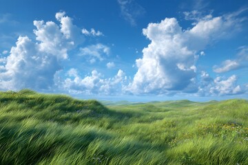 Obraz premium Lush green hills under a bright blue sky with fluffy white clouds.