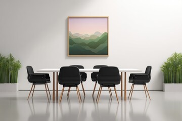 Modern meeting room interior with a minimalist abstract landscape painting, displaying a sleek white table and stylish black chairs.