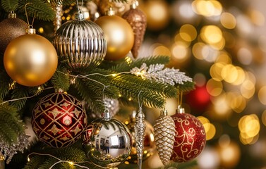 A macro shot of a Christmas tree branch with luxurious metallic baubles, crystal ornaments, sparkling fairy lights, and a soft blurred golden holiday bokeh