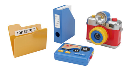 Office items, folder, recorder, and camera