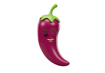 Isolated purple chili pepper cartoon character with a wink, cute food concept, playful