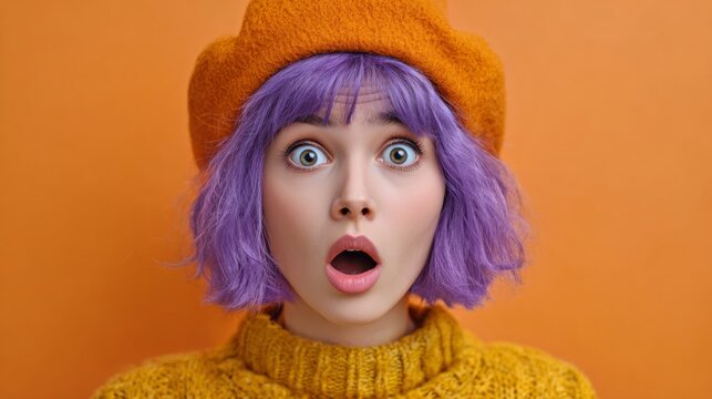 Young woman with purple hair and an orange hat exuding surprise on an orange background
