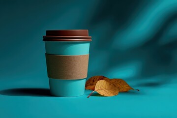 Teal Disposable Coffee Cup With Autumn Leaves On Teal Background