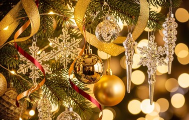 A macro close-up of a Christmas tree branch with elegant crystal ornaments, golden baubles, shimmering ribbons, and glowing fairy lights under a warm cinematic bokeh