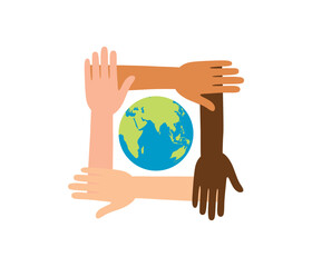 Diverse hands forming a square around Earth. Symbolizing global unity, equality, and multicultural collaboration. Social awareness, inclusivity, human rights, and international solidarity.