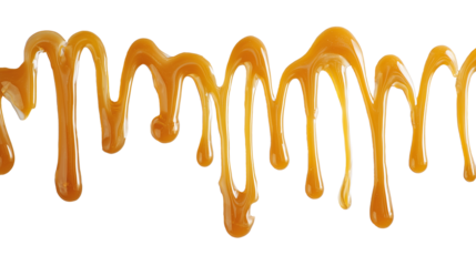 Ai golden caramel drizzles artfully arranged on a white background creating a tempting dessert display