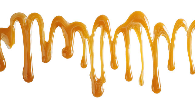 Ai golden caramel drizzles artfully arranged on a white background creating a tempting dessert display