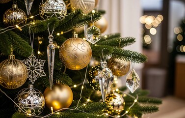 A Christmas tree branch adorned with metallic gold and silver baubles, twinkling crystal ornaments, shimmering fairy lights, and a soft blurred holiday background