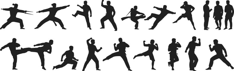 Martial arts silhouettes practicing kung fu, karate, taekwondo, fighting poses, self-defense moves, martial arts training, combat skills, action, discipline, sport.