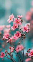 Fototapeta premium Delicate pink blossoms cluster on slender, dark stems against a soft teal backdrop; some buds are unopened