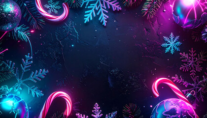 A vibrant neon concept for a futuristic Christmas celebration, featuring a festive frame of glowing candy canes, snowflakes, and ornaments on a dark, starry background