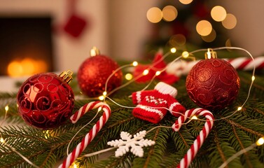 A macro image of a warm Christmas branch with red baubles, candy canes, knitted ornaments, and soft glowing fairy lights in a blurred cozy bokeh background