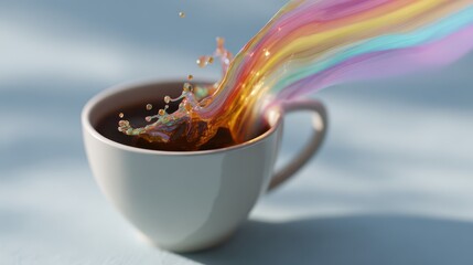 A vibrant splash of colorful liquid flows from a white coffee cup, creating a whimsical and artistic visual effect.