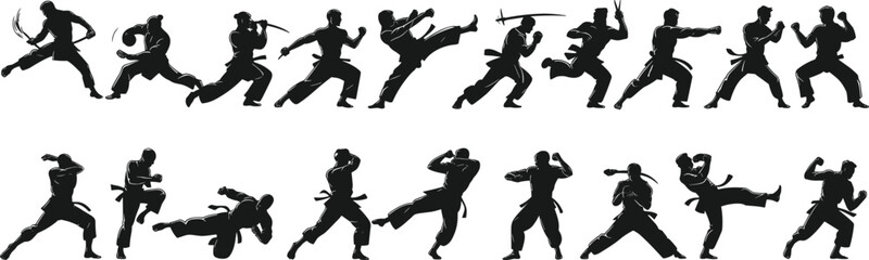 Martial arts silhouettes performing kung fu, karate, tai chi, fighting moves, weapon combat, self-defense training, action poses, discipline, strength, agility.