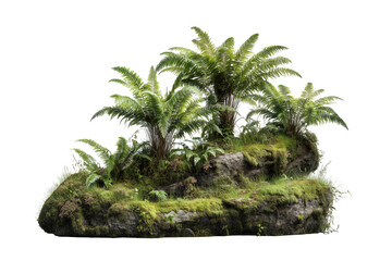 Realistic illustration of a lush fern and moss covered rock formation isolated on transparent