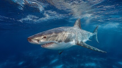 Fototapeta premium Great White Shark in Sunlit Ocean Depths