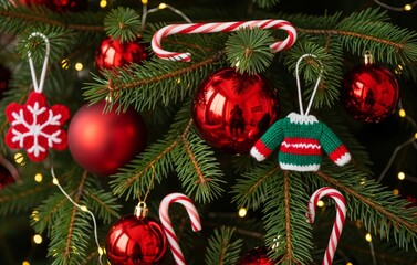 A close-up of a cozy Christmas tree branch with red and gold ornaments, knitted decorations, and glowing fairy lights creating a warm festive holiday mood