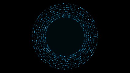 A dense ring of glowing blue particles and data points swirls on isolated black background. Abstract seamless loop for science, technology, or data flow visuals. Central copy space - Powered by Adobe
