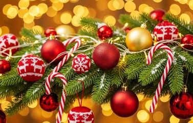 A close-up of a cozy Christmas tree branch with red baubles, knitted ornaments, candy canes, soft glowing fairy lights, and pine needles in sharp focus creating a warm holiday feel