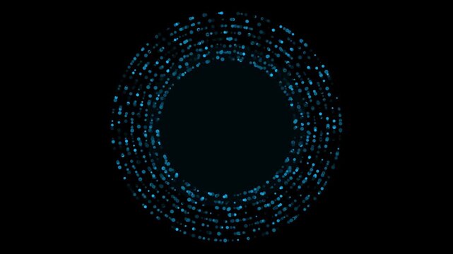 A dense ring of glowing blue particles and data points swirls on isolated black background. Abstract seamless loop for science, technology, or data flow visuals. Central copy space