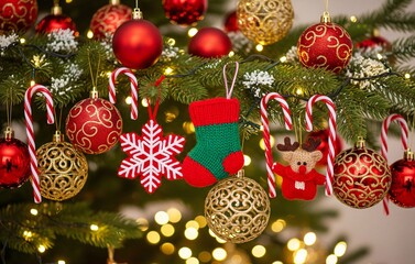 A macro shot of a Christmas tree branch with red and gold ornaments, knitted decorations, candy canes, and soft warm fairy lights in a blurred cozy bokeh