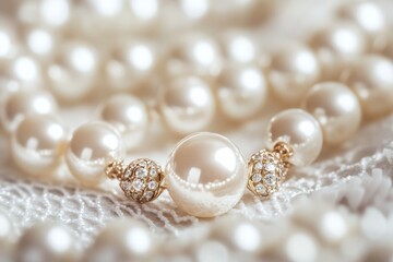 Elegant pearl jewelry stringing with diamond-studded gold elements on delicate lace