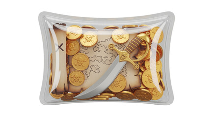 Treasure map, coins, and sword in clear package