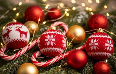 A macro of a cozy Christmas branch with red and gold baubles, knitted ornaments, candy canes, and twinkling warm lights under a soft blurred background